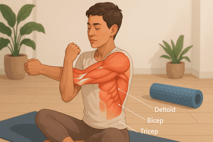 Person stretching arms in a calm indoor space with anatomical overlays of deltoid, bicep, and tricep muscles — best stretching exercises for upper arm pain.