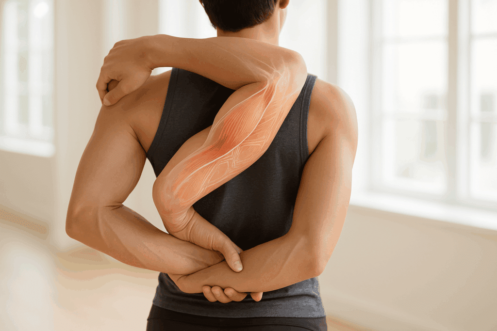 Best Stretching Exercises for Upper Arm Pain shown through a person doing a behind-the-back biceps stretch with visible muscle anatomy in a sunlit indoor space