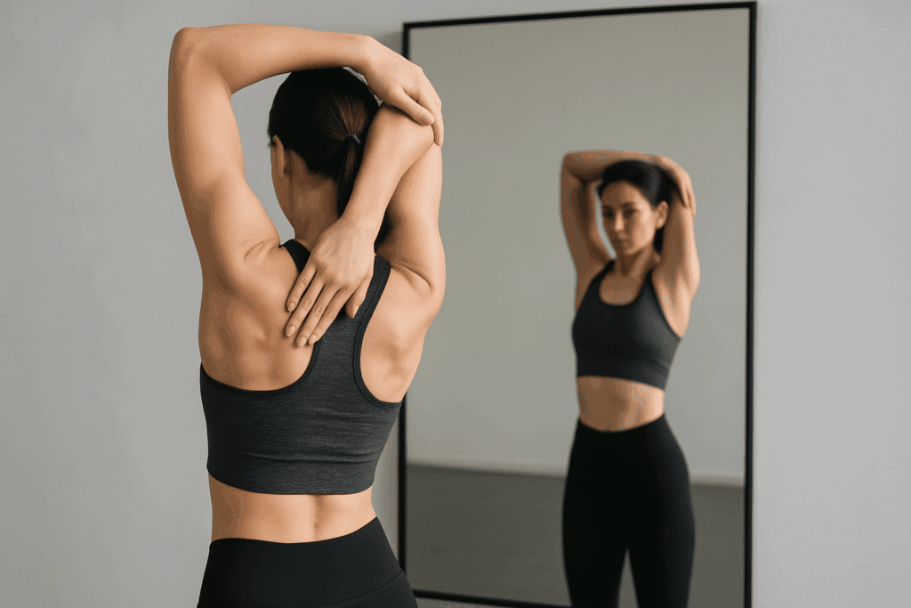Woman performing overhead triceps stretch in front of a mirror to demonstrate best stretching exercises for upper arm pain.