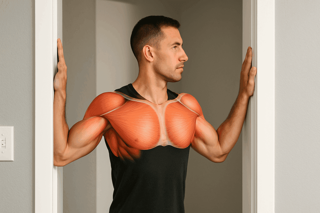 Fit man performing doorway chest stretch to relieve anterior shoulder tension, demonstrating one of the best stretching exercises for upper arm pain.