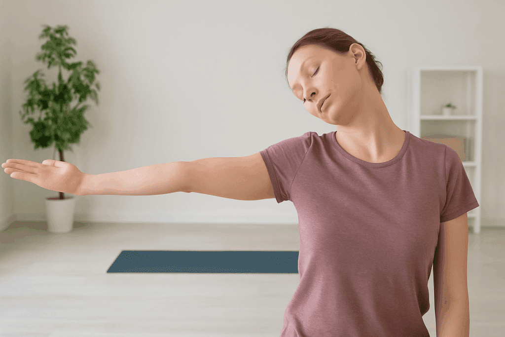 Woman performing a median nerve glide stretch in a yoga studio, demonstrating one of the best stretching exercises for upper arm pain.