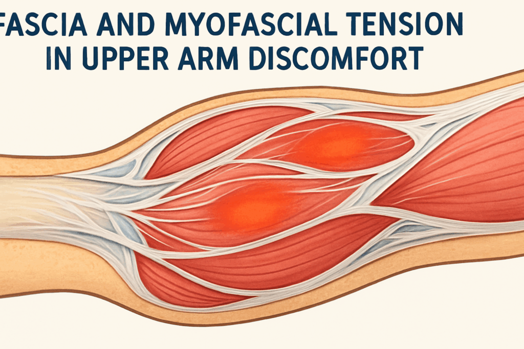 Color-coded diagram showing muscle and fascia layers with tension points, illustrating best stretching exercises for upper arm pain