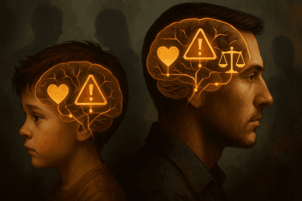 Symbolic side-by-side view of child and adult brains illustrating emotional pathways and psychological influences in the Phases of Brain Development.