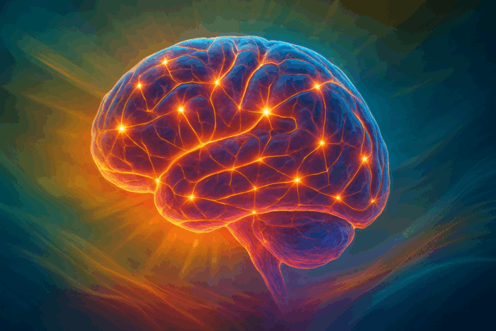 Glowing human brain with illuminated neural pathways symbolizing cognitive energy and stimulation from brain exercises