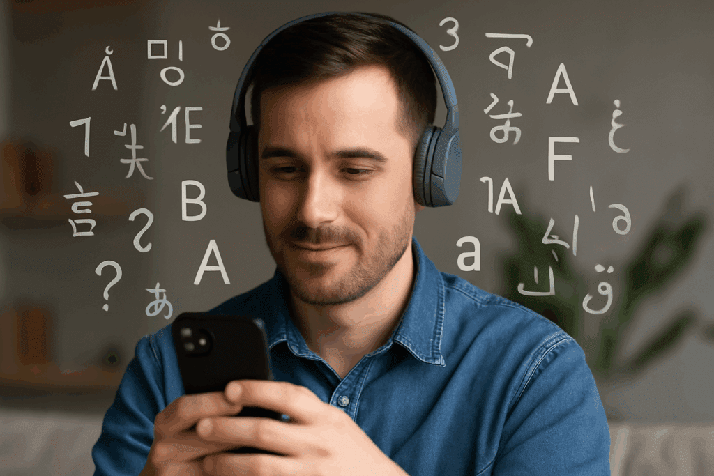 Man practicing brain exercises by learning a new language on a smartphone, wearing headphones, with floating multilingual symbols.