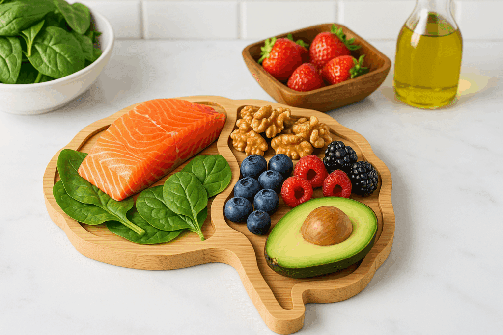 Brain-shaped cutting board topped with salmon, berries, walnuts, avocado, and spinach to support brain exercises through nutrient-rich foods