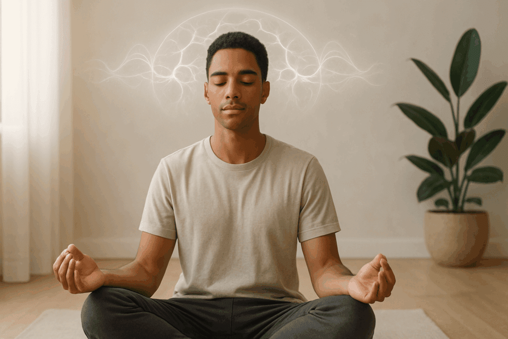 Man meditating in a sunlit minimalist room with visual brain waves above his head, symbolizing mindfulness and brain exercises