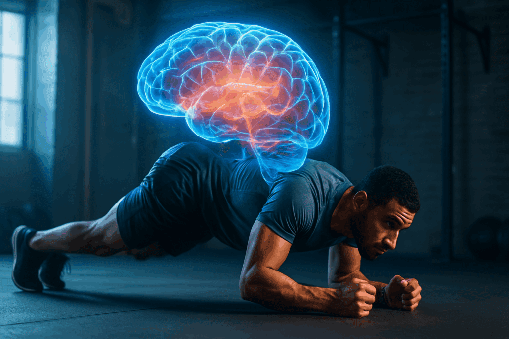 Man doing a plank during high-intensity interval training in a gym with a glowing brain overlay, symbolizing brain exercises for cognitive resilience.