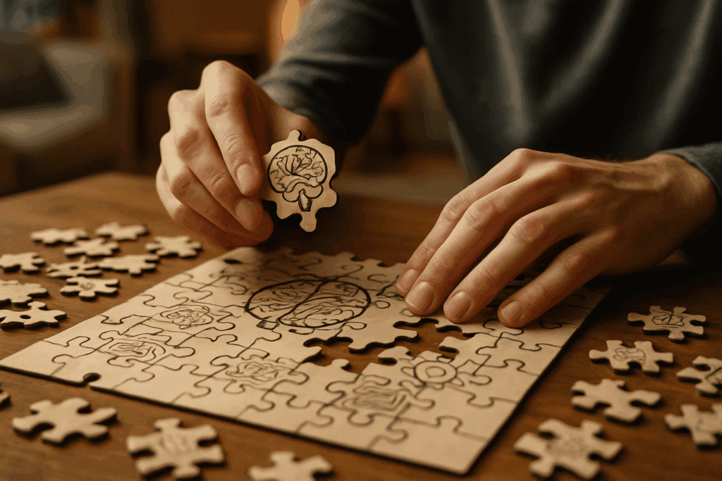 Hands carefully assembling a brain-themed jigsaw puzzle on a wooden table, illustrating brain exercises in a cozy indoor setting.