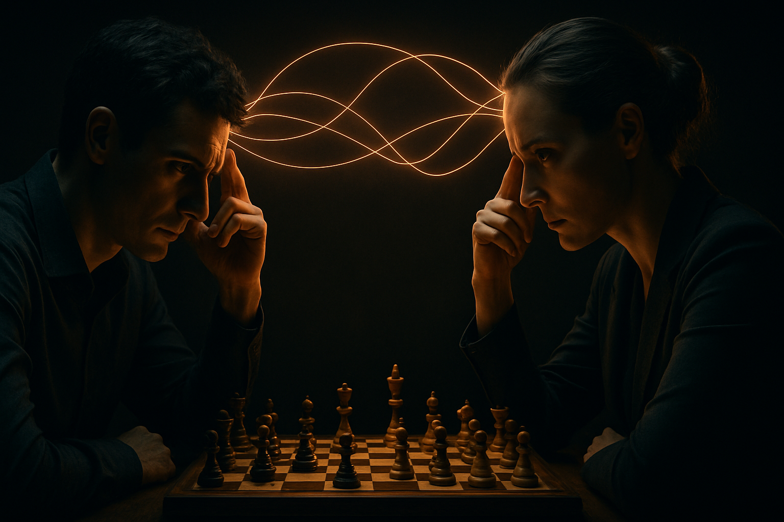 Two people intensely playing chess with glowing pathways connecting their minds to the board, symbolizing strategic brain exercises.