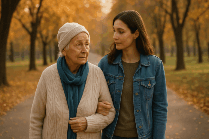Elderly woman and her adult daughter walking through an autumn park, symbolizing support and memory care across the mild cognitive impairment timeline.