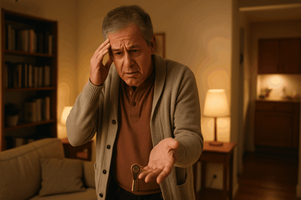 Older man looking confused while searching for lost keys in a cozy living room, symbolizing early memory loss in the mild cognitive impairment timeline.