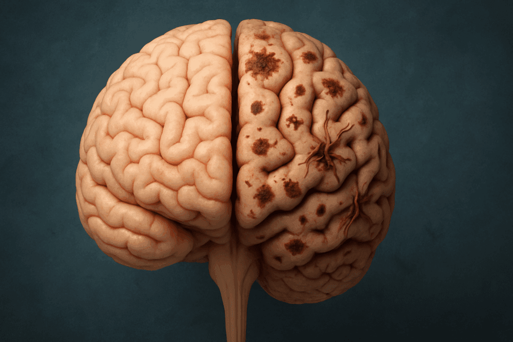 Healthy and Alzheimer-affected brain halves illustrating the mild cognitive impairment timeline and progression to dementia.