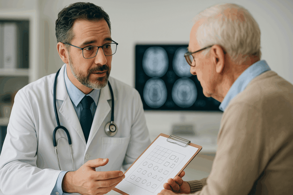 Doctor discussing cognitive test results with elderly patient in a clinic, highlighting early stages in the mild cognitive impairment timeline.