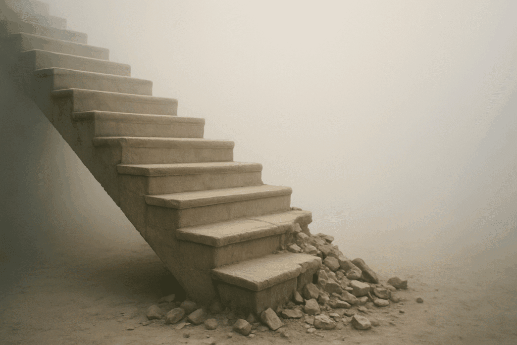 Crumbling stone staircase fading into fog, symbolizing gradual decline along the mild cognitive impairment timeline.