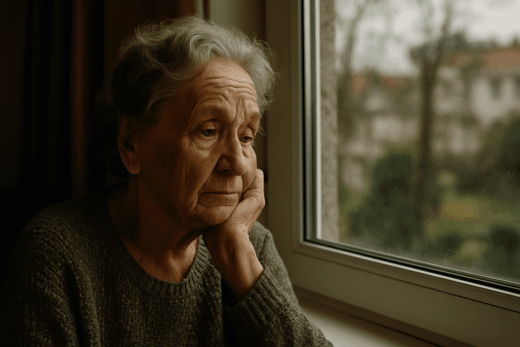 Elderly woman with a contemplative expression sitting by a window in a cozy home, reflecting stages of memory loss and cognitive decline typical of dementia, v.