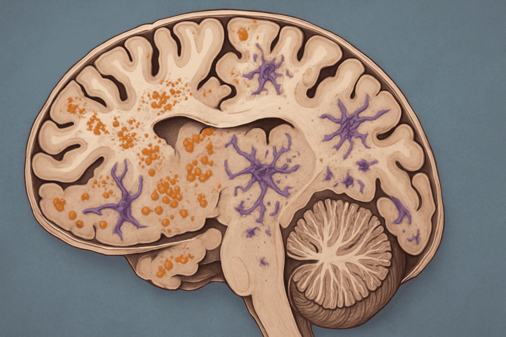 Detailed brain cross-section showing neural atrophy, amyloid plaques, and tau tangles associated with cognitive decline, visualizing biological changes in the brain v.