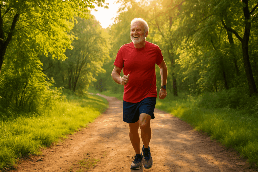 Older adult walking energetically on a sunlit forest trail, symbolizing proactive steps for long-term cognitive health and quality of life, v.