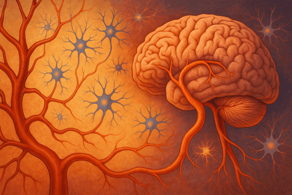 Artistic visualization of brain arteries, neurons, and structures showing dementia risk factors, with subtle v-shaped vessel patterns.