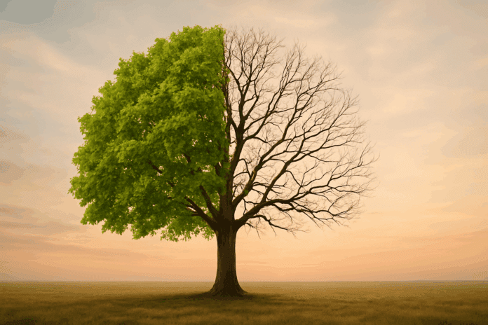 Conceptual tree illustrating v with vibrant green leaves fading into bare branches under a soft sunset sky.