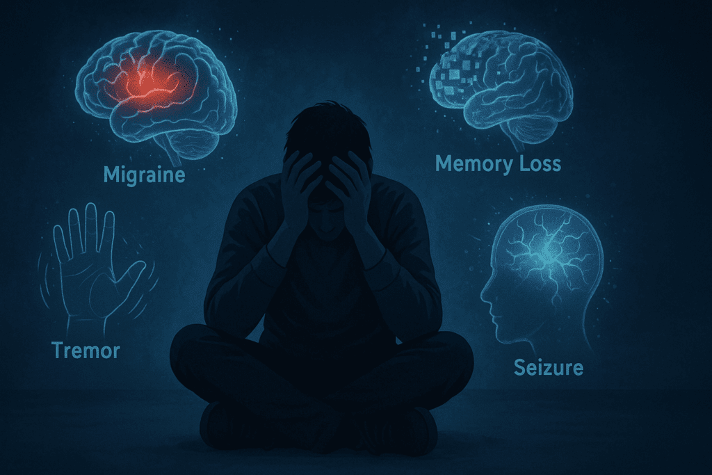 Person sitting with head in hands surrounded by holographic projections symbolizing symptoms of rare brain disorders like migraine, memory loss, tremors, and seizures.