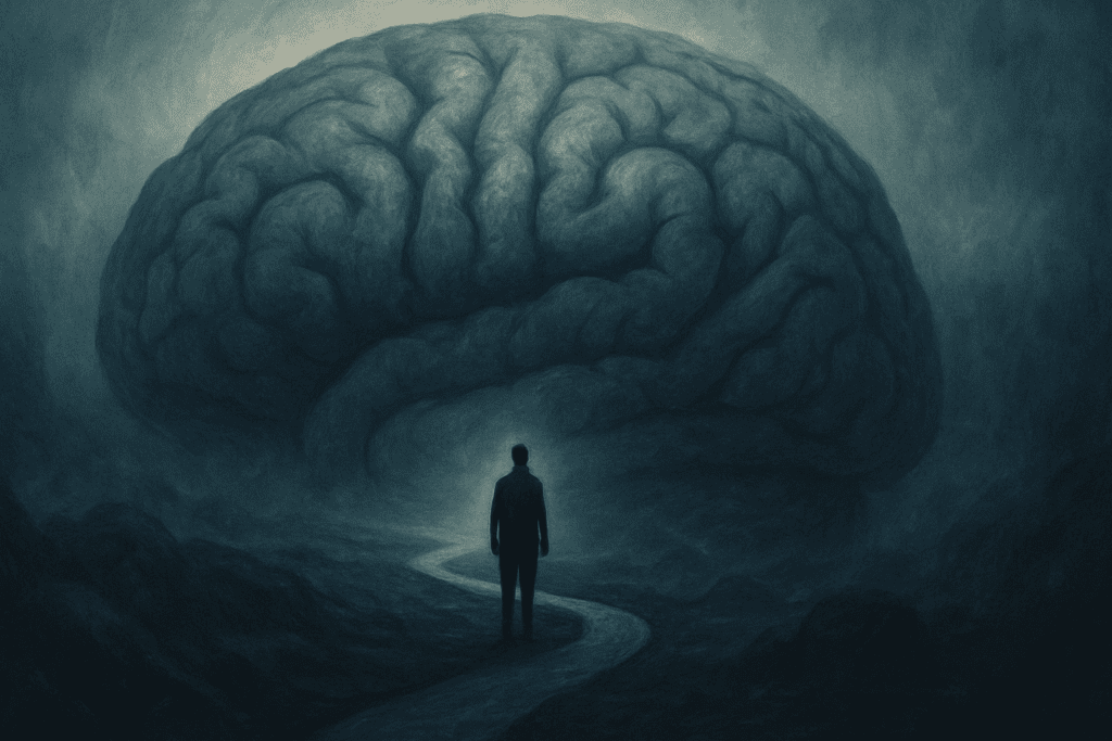 Lone figure standing on a winding misty path through a surreal brain landscape, symbolizing the difficulty of diagnosing rare brain disorders.