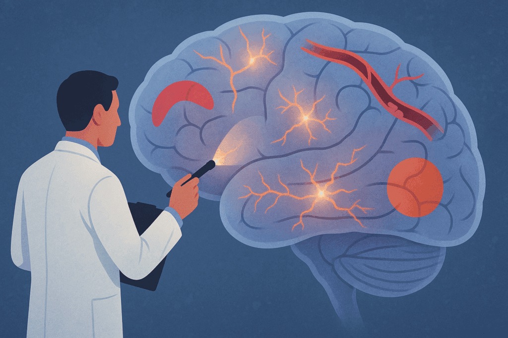 Neurologist examining a giant transparent brain model showing symptoms and diagnostic clues of rare brain disorders.