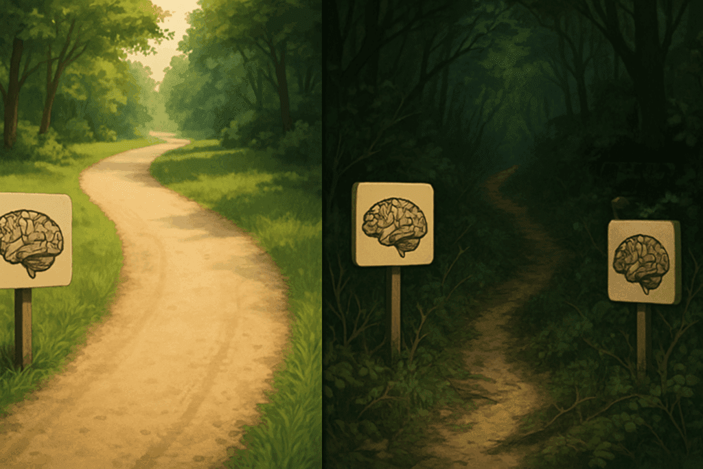 Comparison of two forest paths symbolizing common brain diseases and rare brain disorders, with brain diagram markers along the trails.