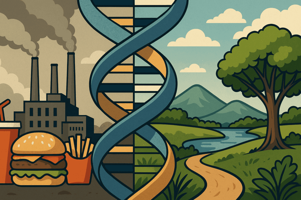 DNA strand connecting polluted industrial scenes with lush natural landscapes, symbolizing environmental and genetic factors in rare brain disorders.