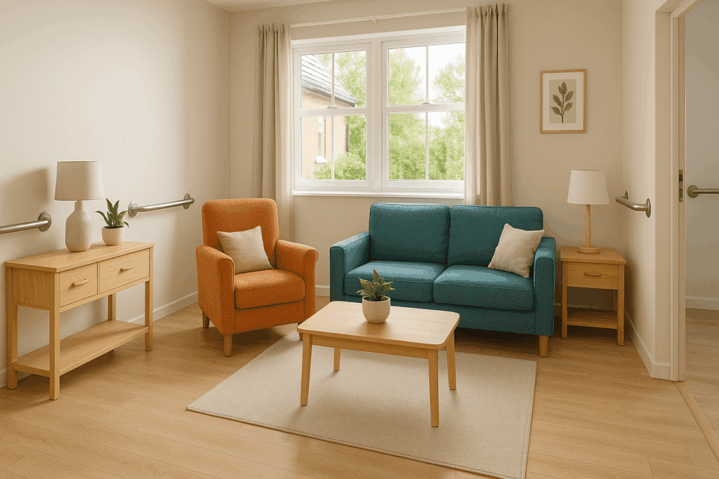 Bright living room adapted to care for someone with dementia at home, featuring grab bars, cozy contrasting furniture, and large sunny windows.