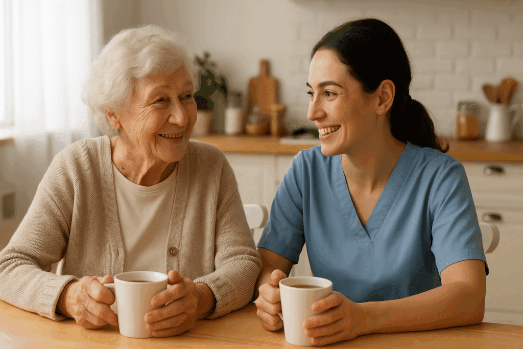 Cheerful caregiver sharing morning tea with elderly woman, illustrating consistent daily rituals to care for someone with dementia at home.