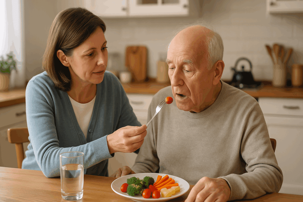 Caregiver helping elderly man eat healthy finger foods in a home kitchen, showing how to care for someone with dementia at home.