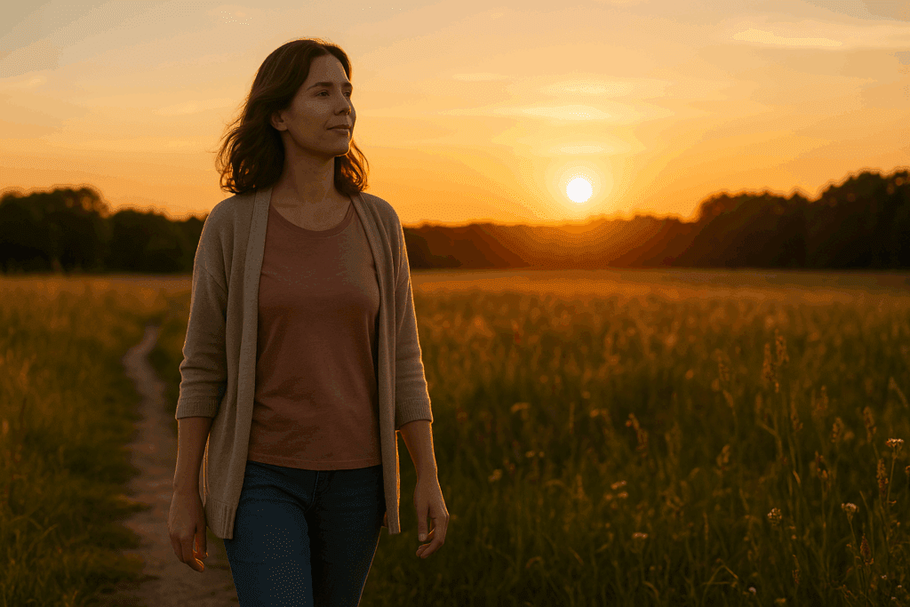 Walking outdoors at sunset to practice self-care while managing the challenges of care for someone with dementia at home.