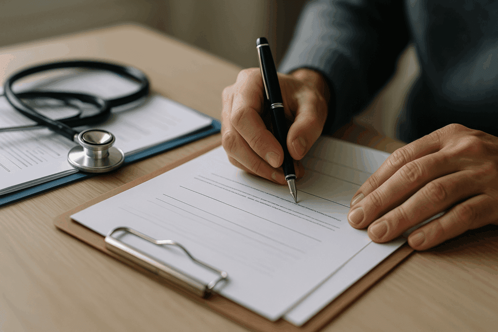 Hands signing legal documents next to medical records and a stethoscope on a desk, symbolizing legal and healthcare planning to care for someone with dementia at home.