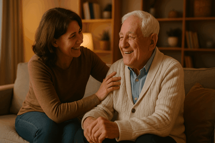Middle-aged caregiver smiling warmly while supporting elderly parent on a sofa in cozy living room, symbolizing care for someone with dementia at home.