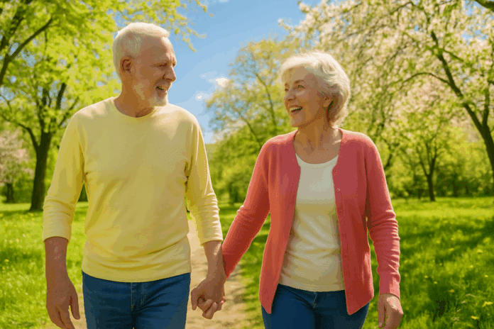 Older adult couple walking hand-in-hand through a vibrant spring park under a clear blue sky, sharing a joyful moment that reflects efforts to improve mental health naturally.