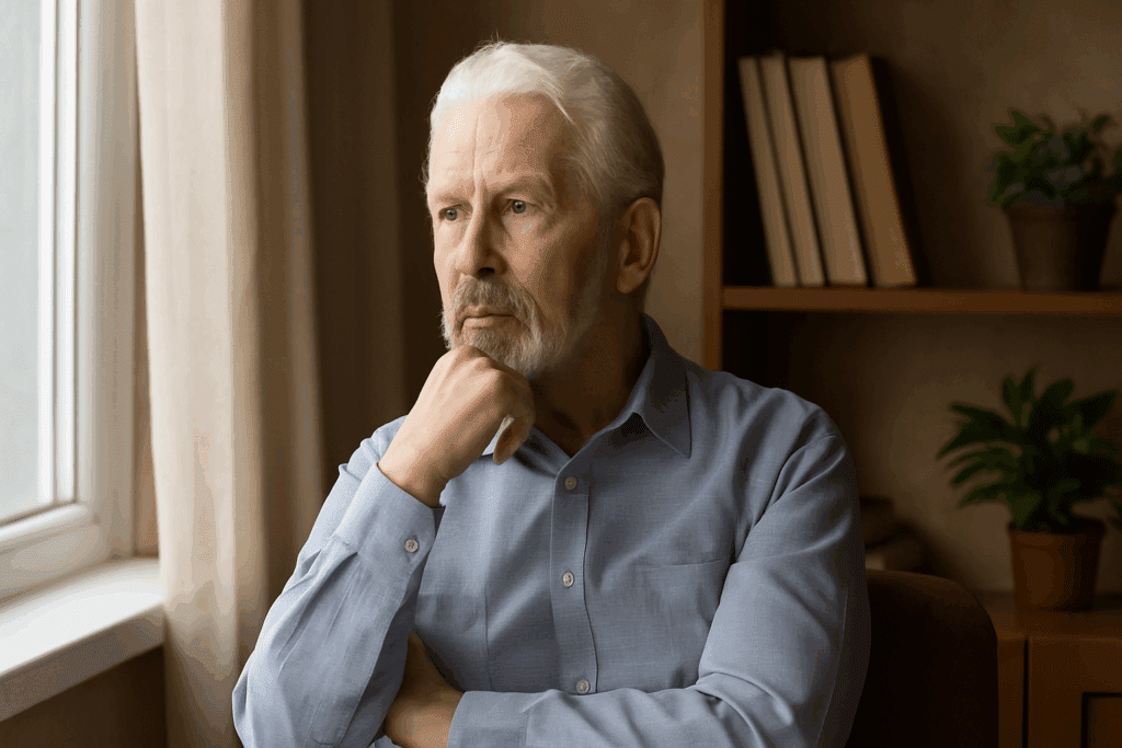 Contemplative older adult sitting by a sunlit window surrounded by books and plants, reflecting on ways to improve mental health naturally.