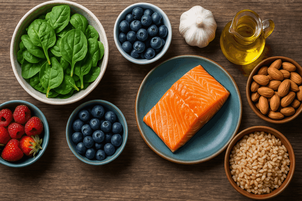 Colorful Mediterranean-style meal with leafy greens, berries, almonds, salmon, olive oil, and whole grains to improve mental health naturally.