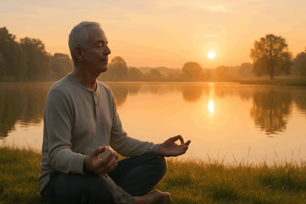 Older adult meditating peacefully by a calm lake at sunrise to improve mental health naturally.