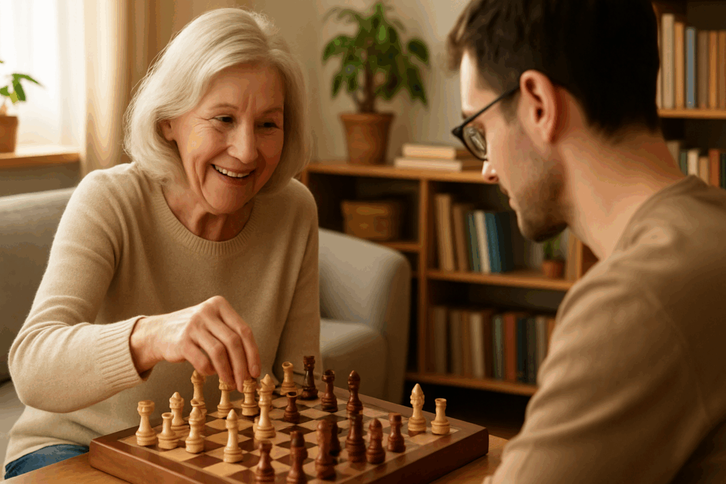 Older woman smiling while playing chess with a younger family member in a cozy, sunlit room, showing how games can improve mental health naturally.