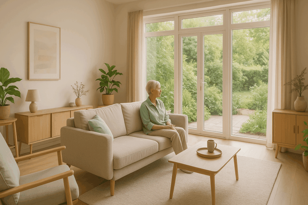Bright, clutter-free living room with an older woman relaxing on a beige sofa, surrounded by indoor plants and sunlight, designed to improve mental health naturally.