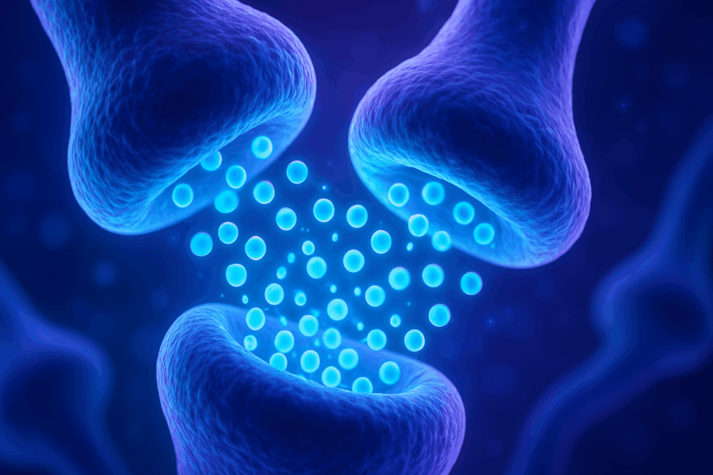 Visualization of neurotransmitters moving between brain synapses, symbolizing how medication for vascular dementia improves brain communication.