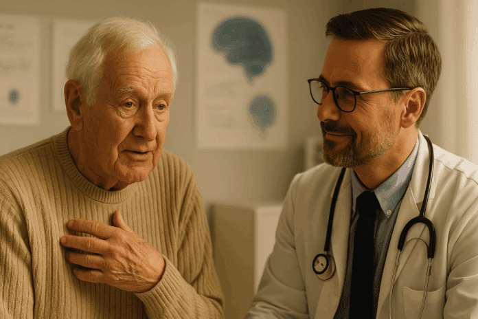 Elderly patient discussing medication for vascular dementia with a caring doctor in a warmly lit medical office featuring brain health visual.