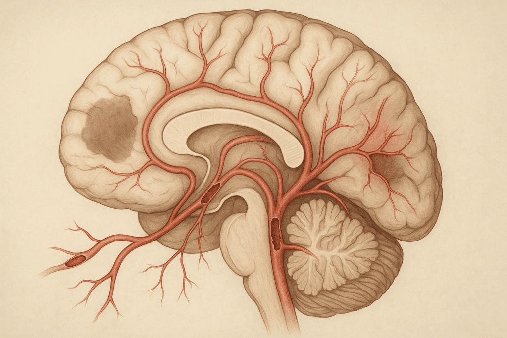 Realistic cross-section of a human brain showing narrowed and blocked blood vessels with reduced blood flow, illustrating the effects treated by medication for vascular dementia.