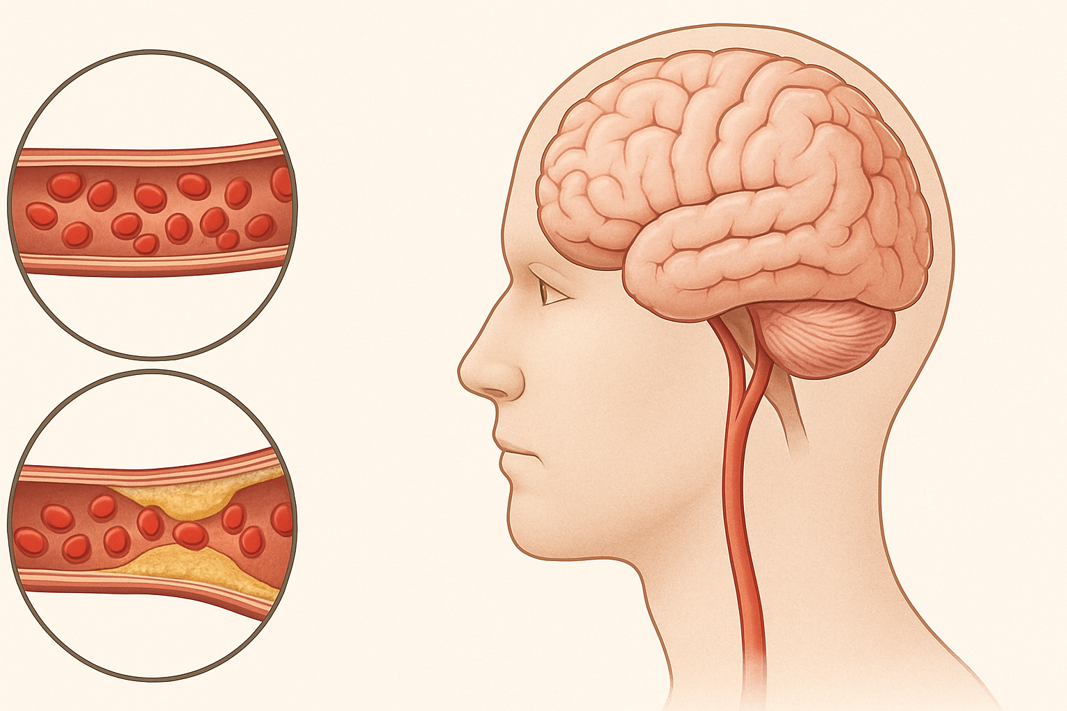Medical illustration comparing a healthy artery and a narrowed artery affecting blood flow to the brain, highlighting the importance of medication for vascular dementia.