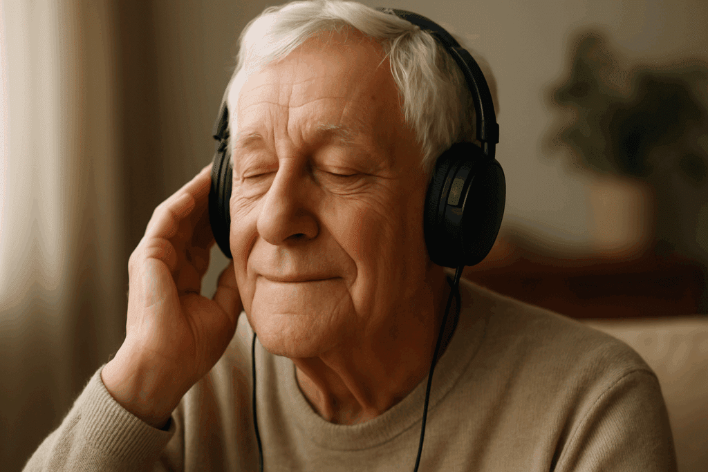 Elderly man peacefully listening to music through headphones as part of therapy supporting behavioral symptoms alongside medication for vascular dementia.