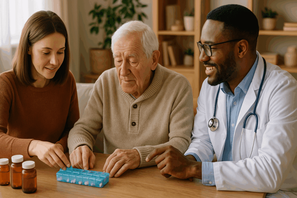 Family caregiver and doctor assisting an elderly man with organizing medication for vascular dementia at home in a warm, supportive setting.