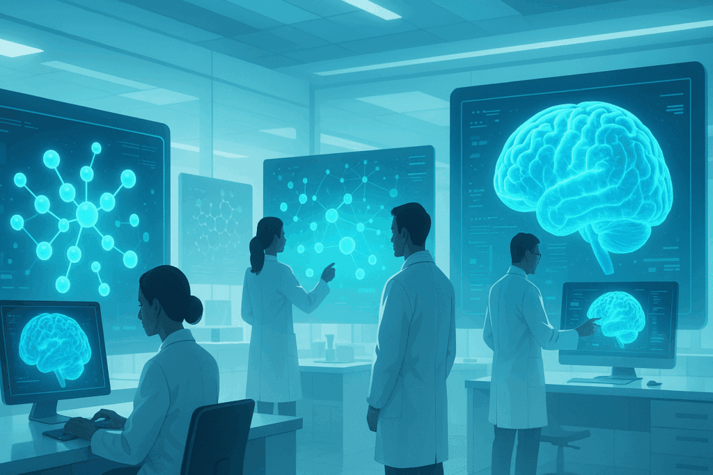 Researchers in a futuristic laboratory studying brain scans and molecular structures to develop innovative medication for vascular dementia.