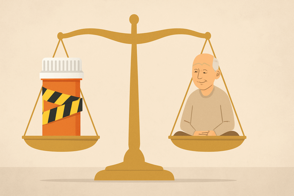 Balanced scale showing a pill bottle wrapped in caution tape on one side and a serene elderly man on the other, symbolizing the best medications for elderly patients and the careful balance of benefits and risks.
