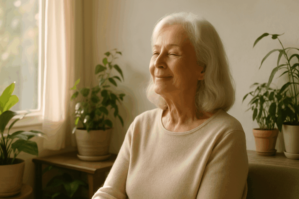 Elderly woman smiling peacefully by a sunny window with houseplants, symbolizing emotional improvement from the best medications for elderly patients.